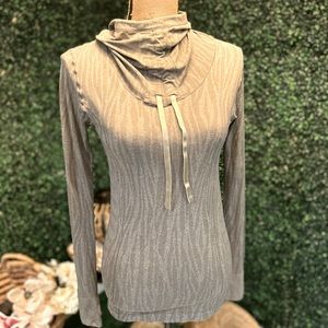 “Athletic Essentials” gray dry fit running top with thumb hole, cowl neck hoodie